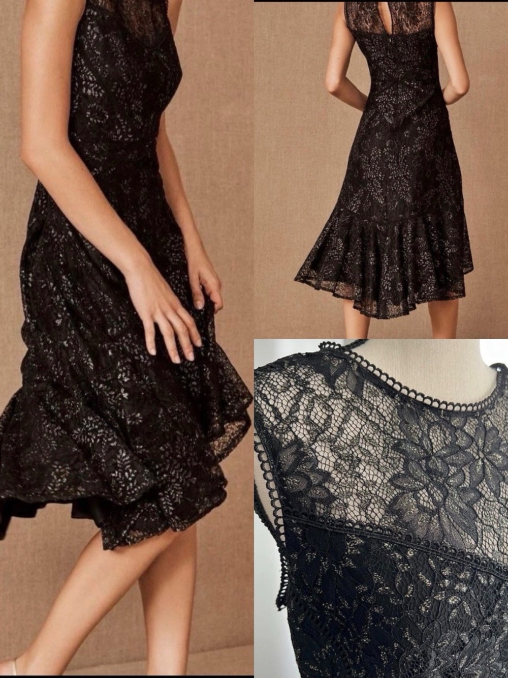 Anthropologie BHLDN A-Line Midi Dress Black Gold Lace Sheer Neck Evening 6 $245